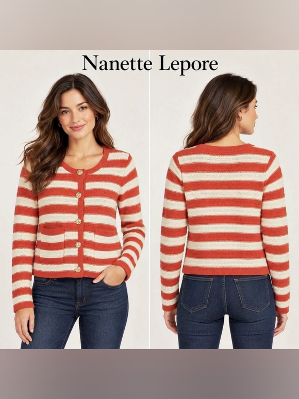 NWT Nanette Lepore Striped Button-Front Knit Cardigan Red & Cream Sz M